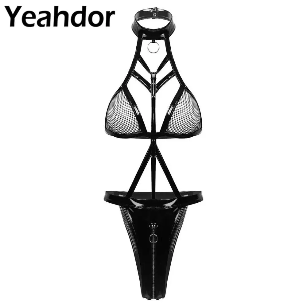 

Womens Sexy Bodysuit Fishnet Cups Wet Look Patent Leather One-piece Body Suit Halter Neck Zippered Crotch High Cut Thong Leotard