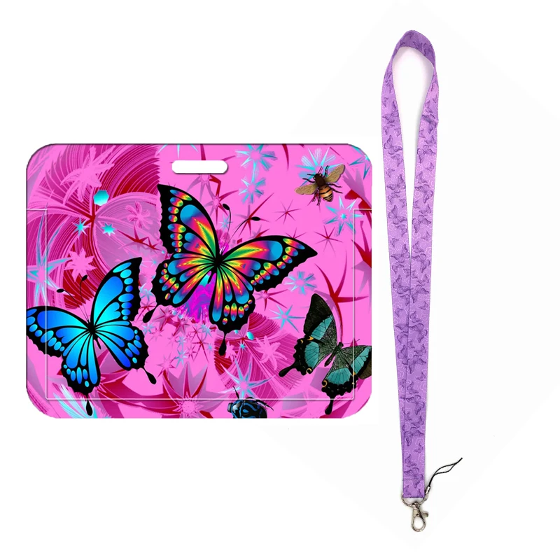 Beautiful Butterfly Leopard Print Bank Card Holder Women ID Card Cover Girls Badge Holders with Lanyard Necktie Wholesale Custom