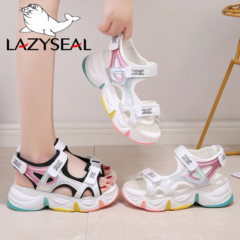 Lazyseal Platform Sandalen Vrouwelijke Zomer 2020 Vrouwen Dikke Bodem Regenboog Zool Klittenband Schoen Wedge Met Open Teen Platform schoenen