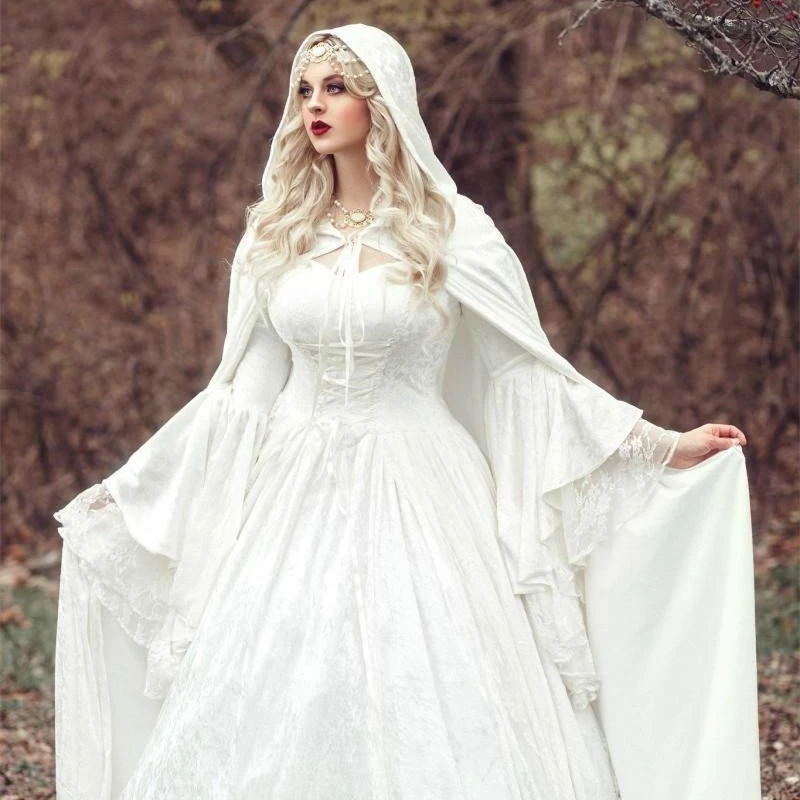 Renaissance Gothic Lace Wedding Dress With Cloak Plus Size Vintage Bell Long Sleeve Celtic Medieval Princess A-Line Bride Gowns