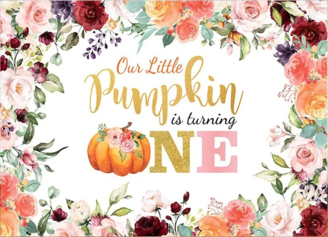Fondo de fotografía de una fiesta de cumpleaños para niña, Banner Floral de otoño, nuestra pequeña calabaza, Princesa, Banner de feliz Primer cumpleaños
