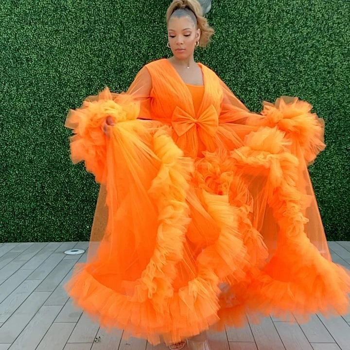 Orange Maternity Prom Tulle Dresses Women Extra Puffy Ruffles Long Robes Formal Evening Party Robes Photo Shoot Ball Gown