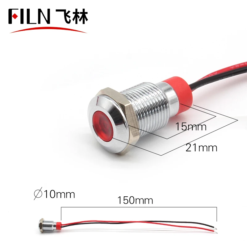 FILN 6mm 8mm 10mm 9V-24V Lampada indicatore di segnale in metallo a led con cavo 15 cm