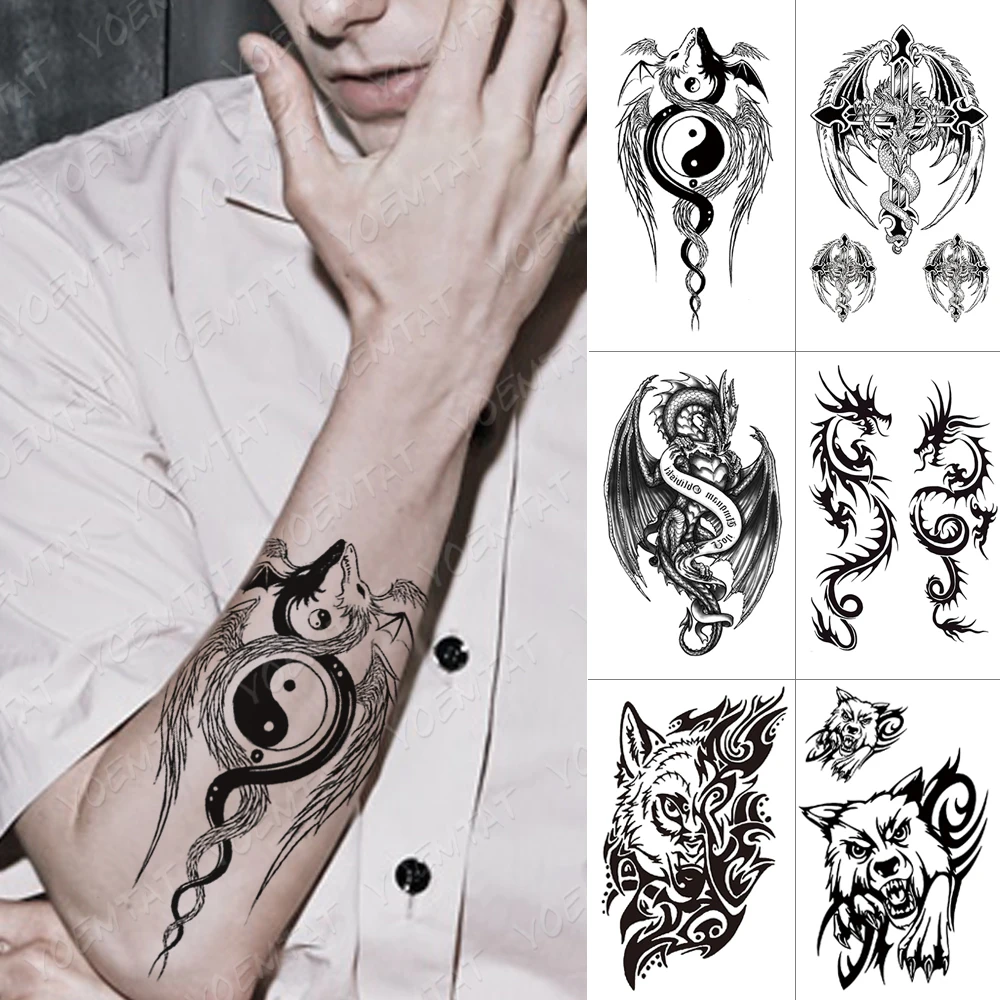 

Waterproof Temporary Tattoo Sticker Yin Yang Dragon Feather Wings Flash Tattoos Wolf Totem Body Art Arm Fake Tatoo Men