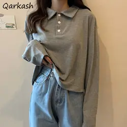 女性用長袖Tシャツ,フラップカラー,ボタン付き,プレッピースタイル,無地,レトロスタイル