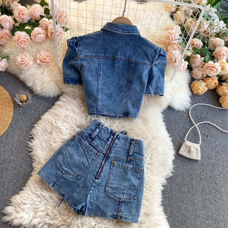 Summer Denim Set Women Sexy Hollow Out Short Sleeve Single Breasted Tops And High Waist Bandage Shorts 2pcs Female