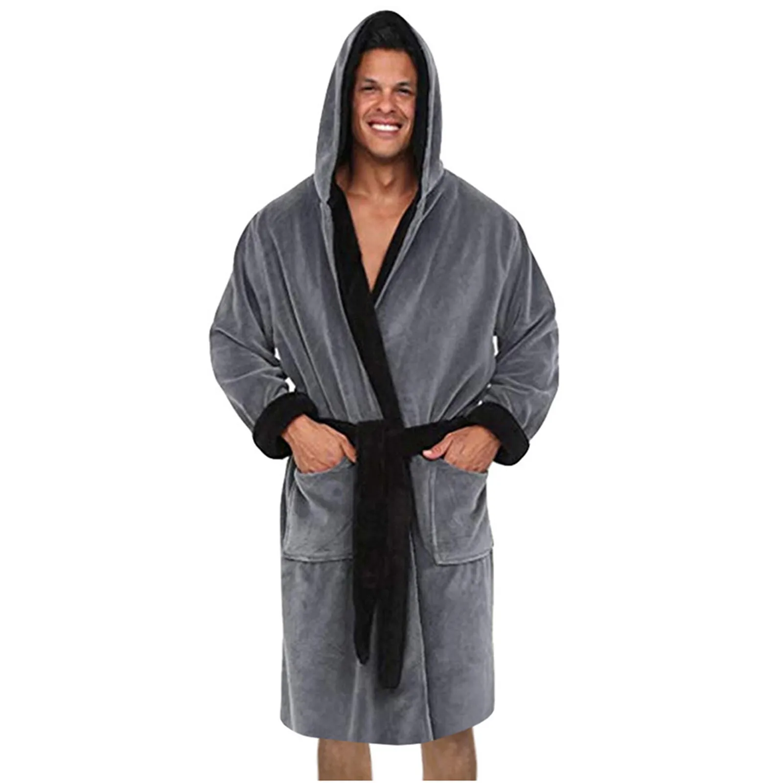 Heren Thermische Lange Badjas Warm Verlengd Pluche Sjaal Kimono Badjas Lange Mouwen Nachthemden Huiskleding