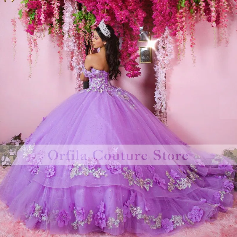 Purple 3D Flowers Quinceanera Dresses Ball Gown Formal Prom Graduation Gowns Princess Sweet 15 16 Dress Off The Shoulder