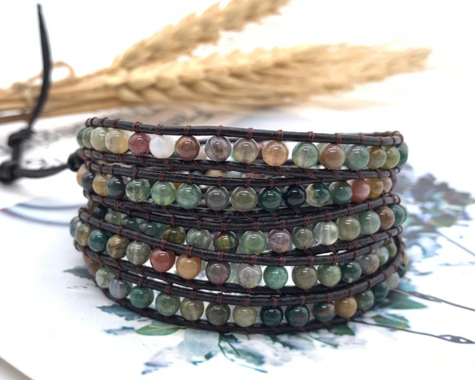 

Natural printed agate multilayer handwoven leather wrapped bracelet for women jewelry