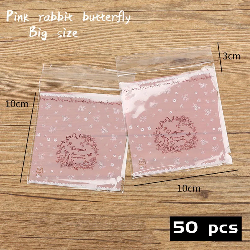 50pcs/lot Bunny In Falling Flowers Pink Frosted Biscuit Cellophane Self Adhesive Goodie Bags Soap Packaging Gift Plastic Pack