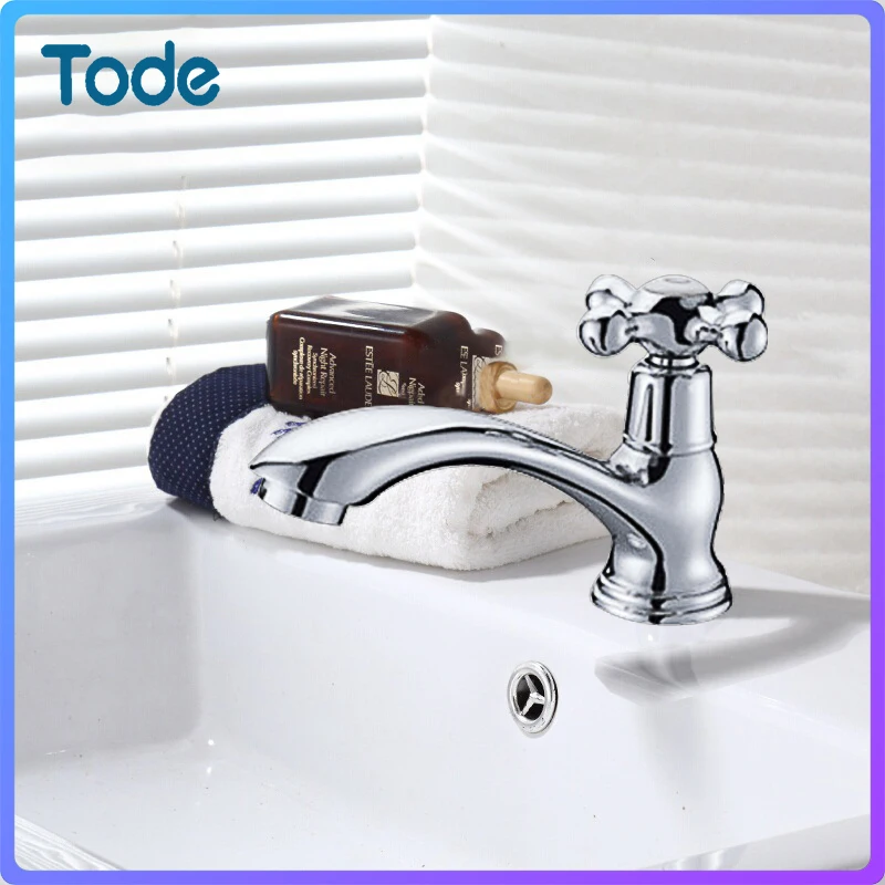 Wash Basin Faucet Quick Open Cold Water Tap Zinc Alloy Cross Handle Toilet Corrosion Resistance Sink Tap Bathroom Water Faucet