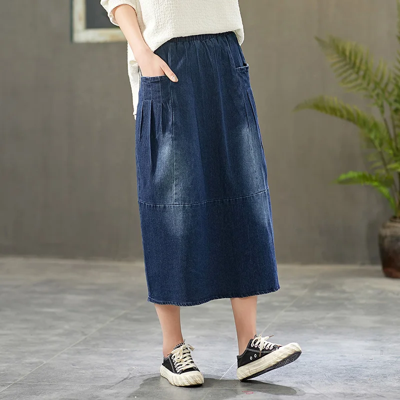 Free Shipping 2021 New Long Mid-calf Skirts Women Elastic Waist Spring Summer Denim Cortton Casual Skirts Bud Deep Blue Pockets