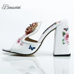 Square High Heels Women Print Butterfly-Flower Real Leather Open Toe Crystal Rhinestone Buckle Slingbacks Sandals For Girls