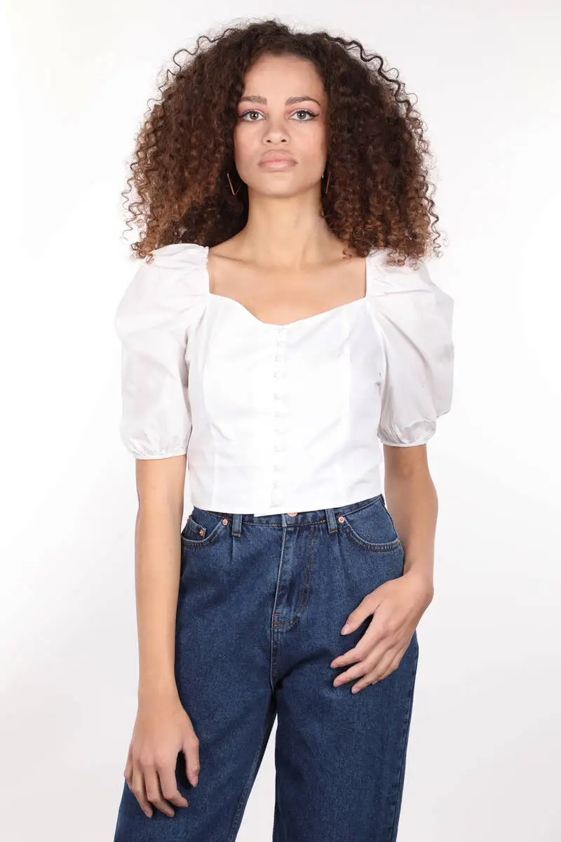 White buttoned back elastic Crop blouse