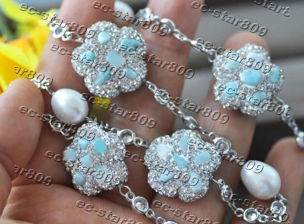 

Z11312 32"-50" 20mm White Pearl Blue Plum-blossom Flower Aquamarine CZ Chain Necklace Women Fashion Jewelry