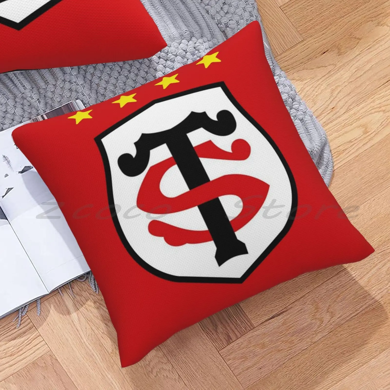 Stade Toulousain Star Red Background Pillowcase Lettering Throw Pillow Cover Cotton Flax Plush Pompom Rugby French Rugby French