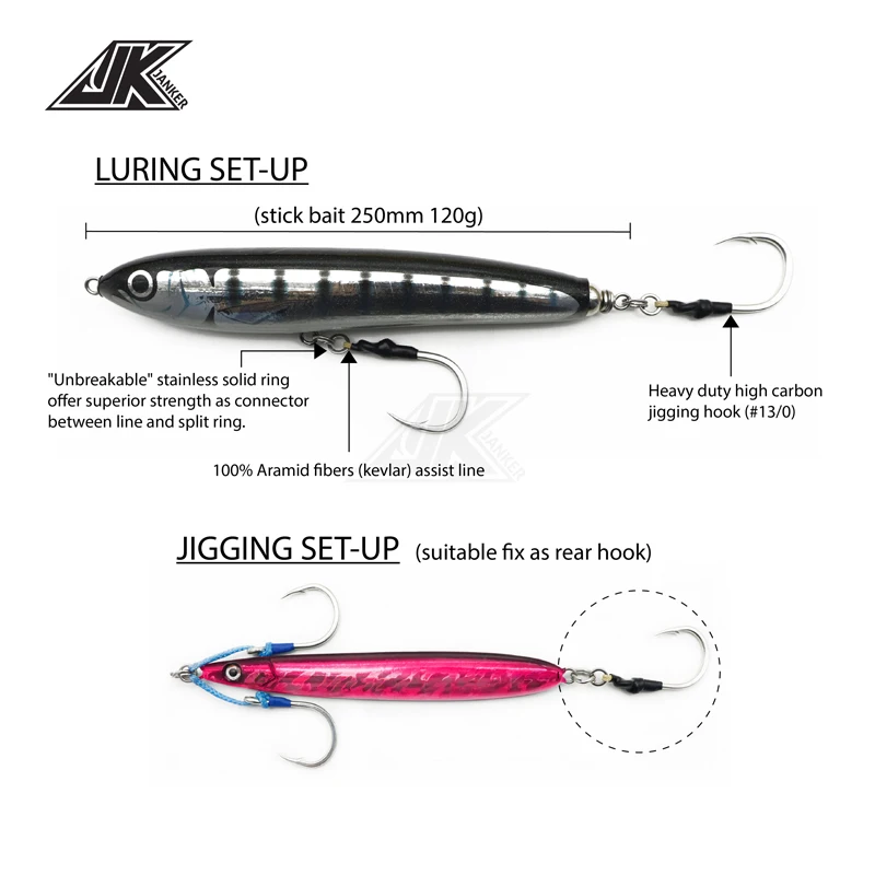 JK HSA Poppers Lure Wood 4X Heavy jigging Hooks Sea Power Assist Fishhook Stick Baits Luring Boat Hook Fishing 5/0 7/0 9/0 11/0