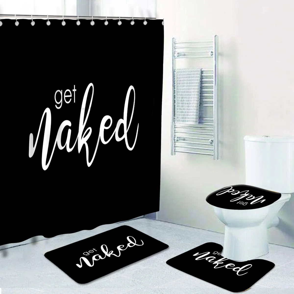 Get Naked Black Polyester Fabric Shower Curtain Non-Slip Soft Bath Mat Toilet Lid Cover Rugs Letter Home Bathroom Decor Set