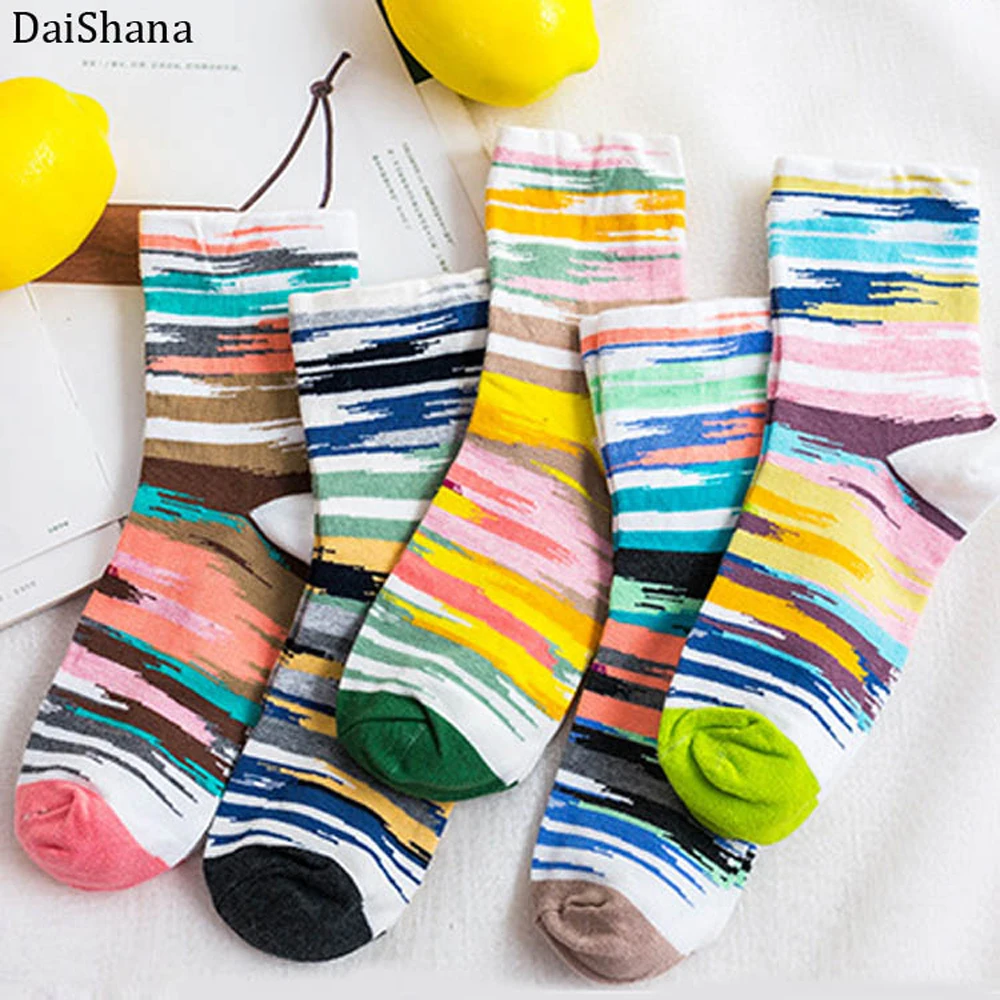 1 Pair New Arrival Multi Colors Rainbow Striped Patterned Korean  Japanese Harajuku Fashion Casual Women Socks Christmas Socks