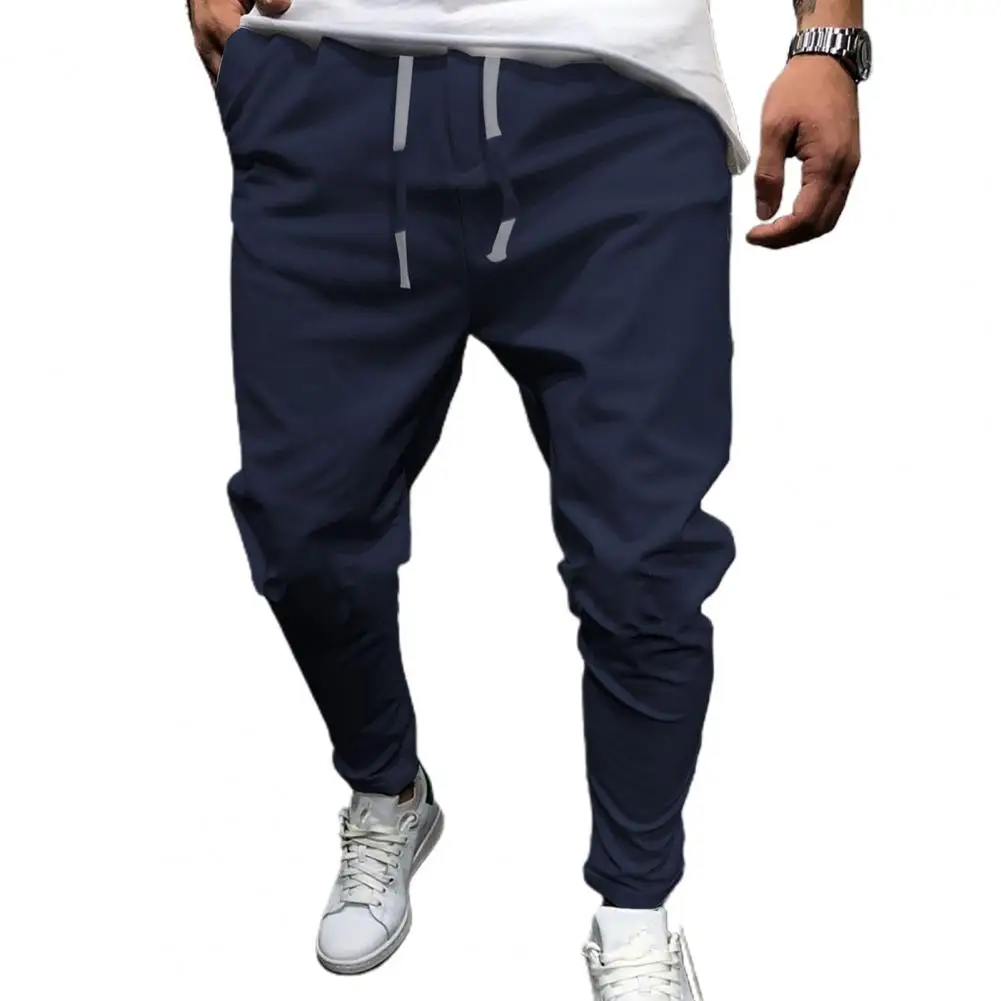 Men Pants with Drawstring Breathable Solid Color Cotton Linen Stretch Elastic Trousers for Daily Wear