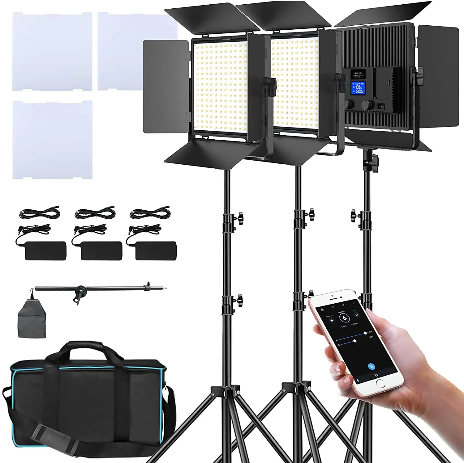 P60 3 Pack LED Video Lighting Kits with APP Control, Bi-Color Variable 3200K~7500K with Digital Display, Brightness of 1~100% fo