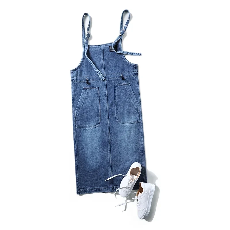 Denim Dress Women Mid-Length 2022 New Spring Summer Fashion  Waist Slimming Over The Knee Suspender Dresses Ladies Dress Pocket