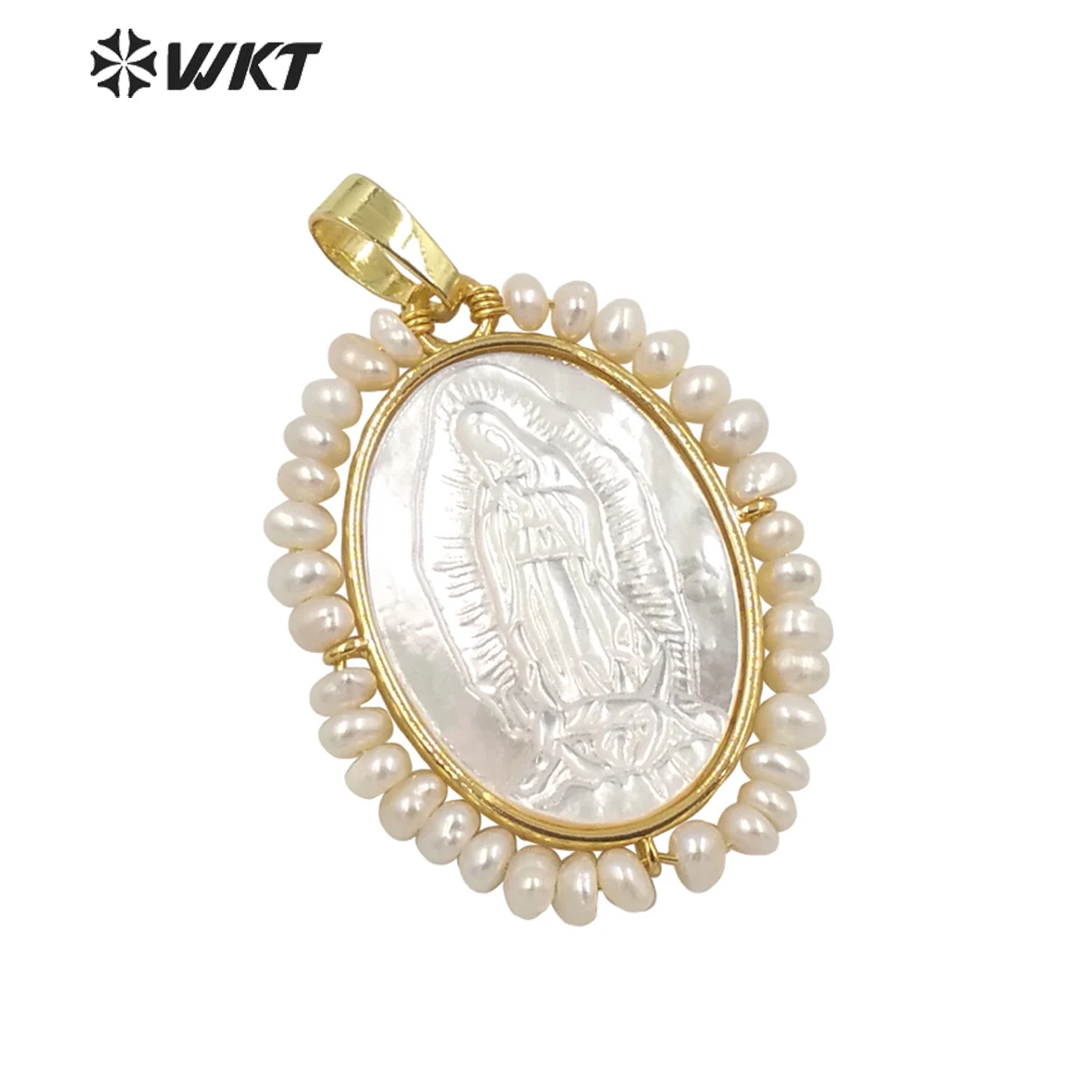 WT-JP255 Wholesale Amazing White Shell Carved Virgin Mary Pendant Natural Pearl Charm Wrapped Religous Style For Jewelry DIY