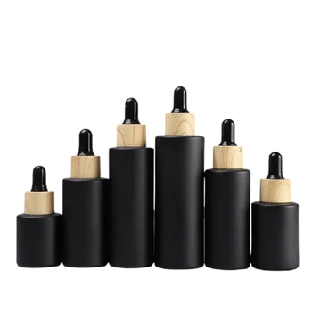 Empty glass dropper bottle 20ML~100ML matte black cosmetic skincare bamboo cap refillable essential oil dropper bottle