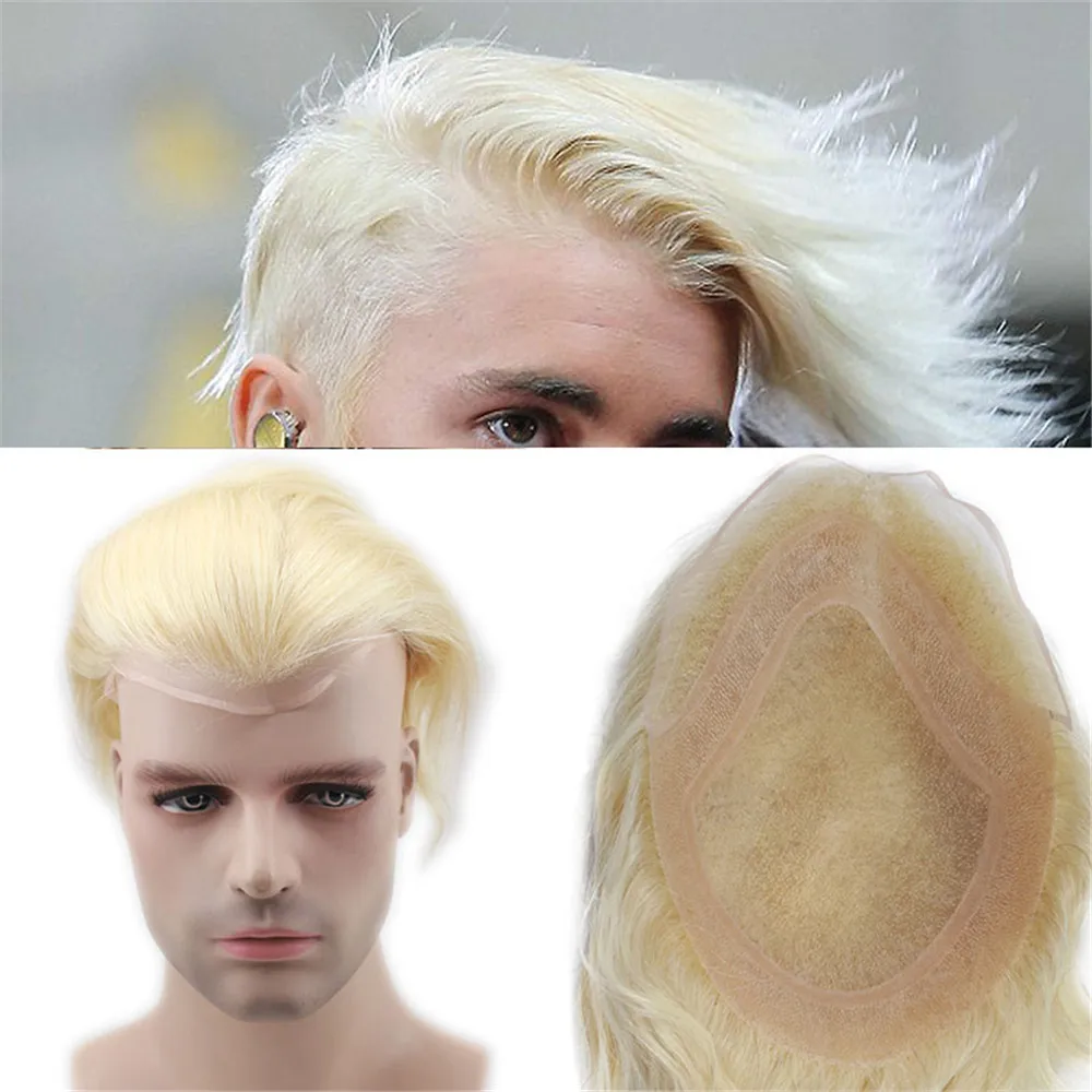 Eseewigs Human Hair Toupee for Men, French Lace Replacement Thin Skin Wig, European Remy Hair 613 Blonde Color 10 