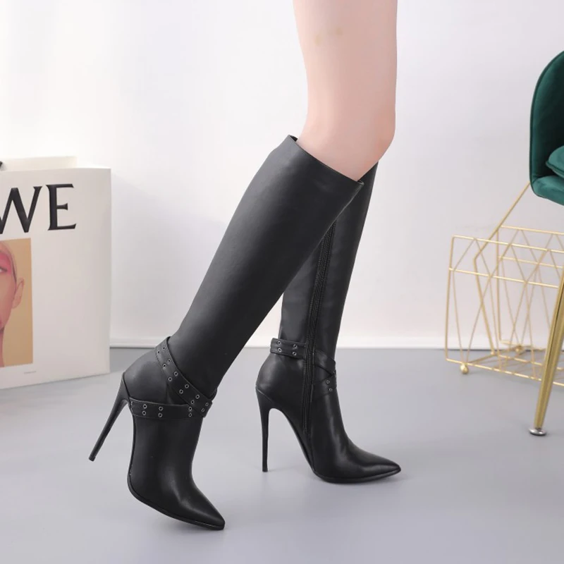 Kolnoo New Handmade Ladies High Heels Boots Cross Buckle Strap Sexy Party Knee-high Boots Real Photos Evening Fashion Long Shoes