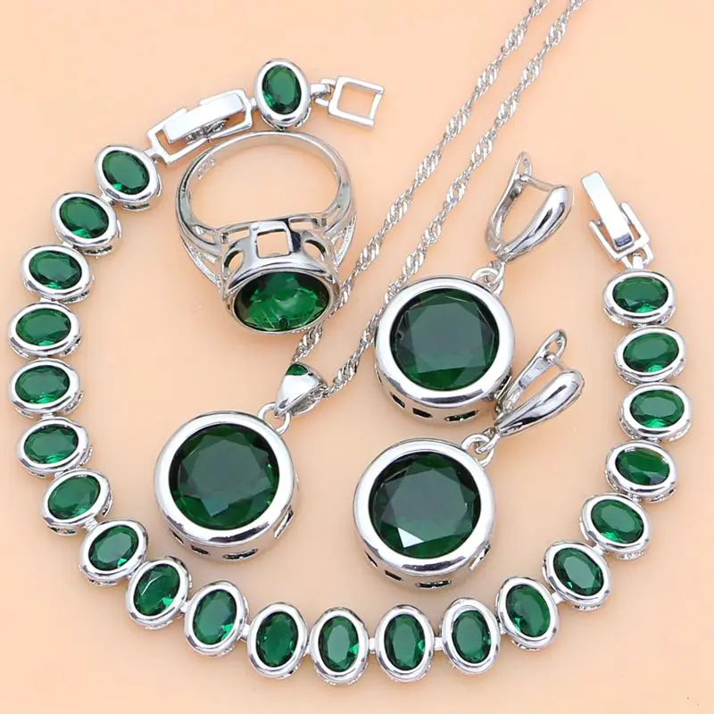 

925 Sterling Silver Jewelry Sets Big Green Stone Beads Exaggeration Earrings Rings Necklace Set Women Party Jewelry Dropshipping