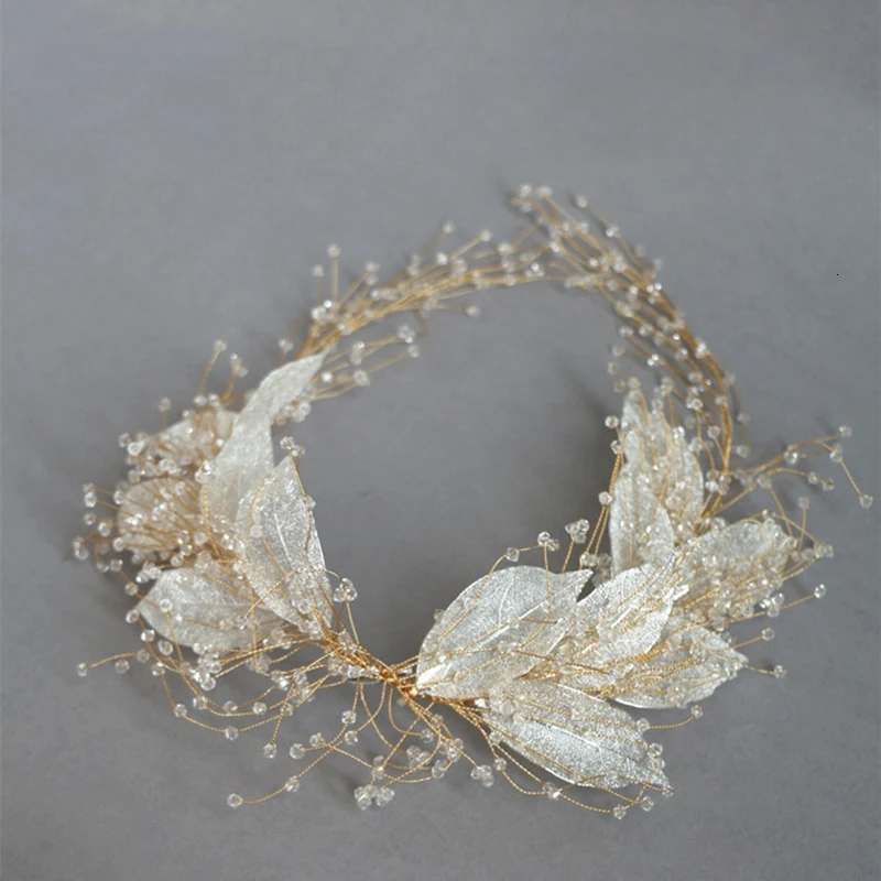 Charming Beads Bridal Crown Hair Tiara Handmade Leaf Wedding Hair Wreath Women Hairband Party Prom Headpiece