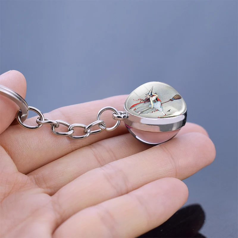 Pumpkin Lantern Witch with Broom Keyfob Black Cat and Bat Picture Glass Ball Keychain Keyring Pendant Halloween Party Jewelry