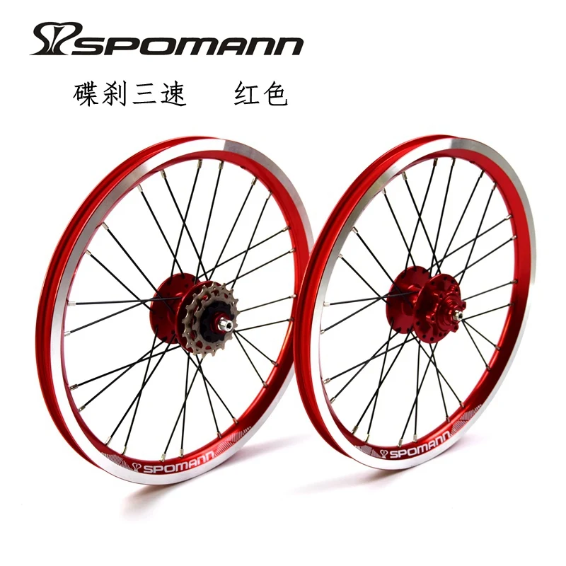 Newest SPOMANN 16 inch Folded bike disc brake alloy clincher rim bicycle wheelset MTB 16er 7 bearing 3 speed freewheel