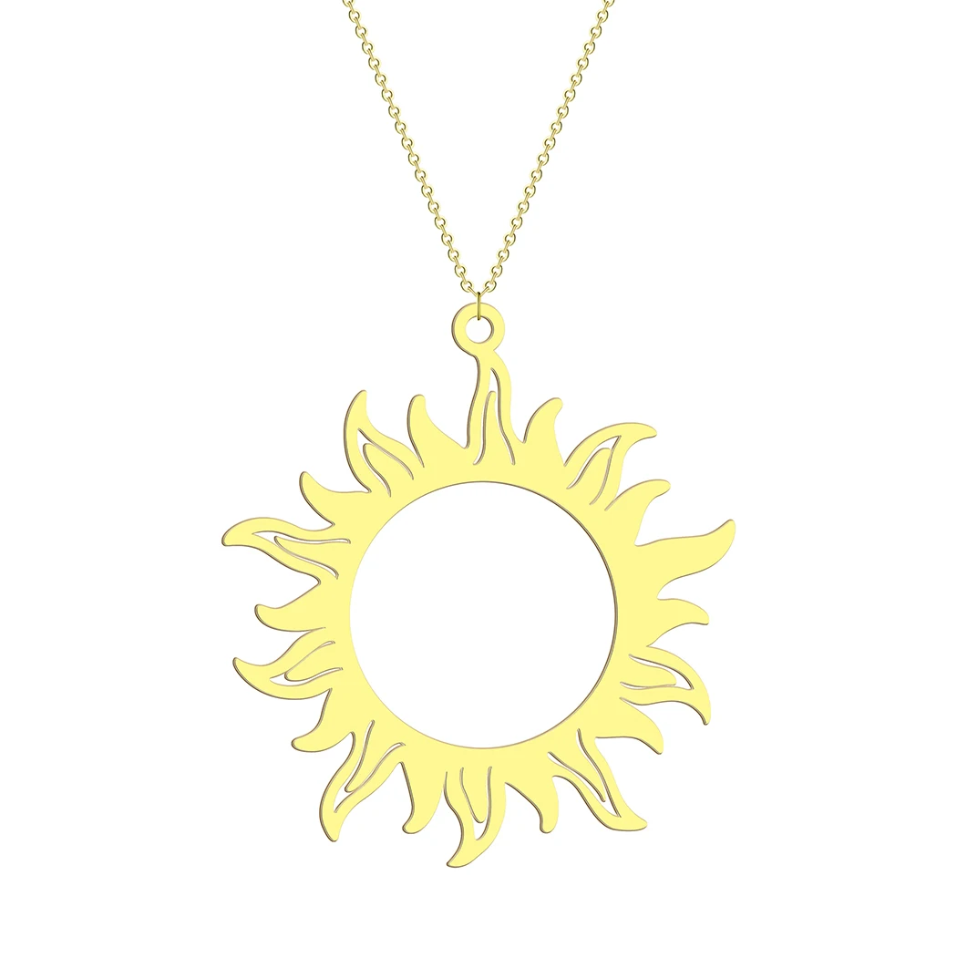 CHENGXUN Hollow Sun Face Circle Pendant Necklace for Women Girls Stainless Steel Laser Cut Tribal Sun Charm Chain Party Jewelry