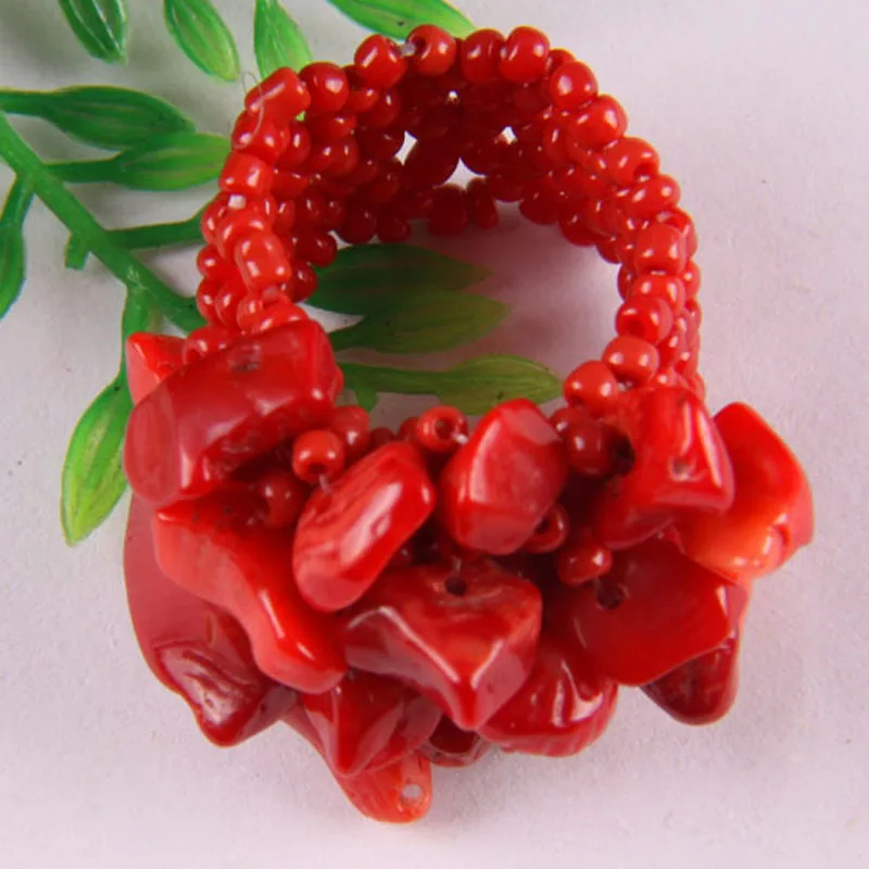 Handmade Elastic Stone Beads Red Sea Coral Crystal Garnet Tigereye Sandstone Sodalite Finger Ring Stretch Size 8-9 Jewelry