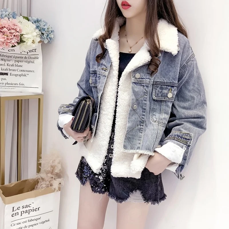 Street High Thick Denim Patchwork Lambswool Womens Two Pieces Jackets Autumn Winter New Long Sleeve Single Breasted Loose Coats