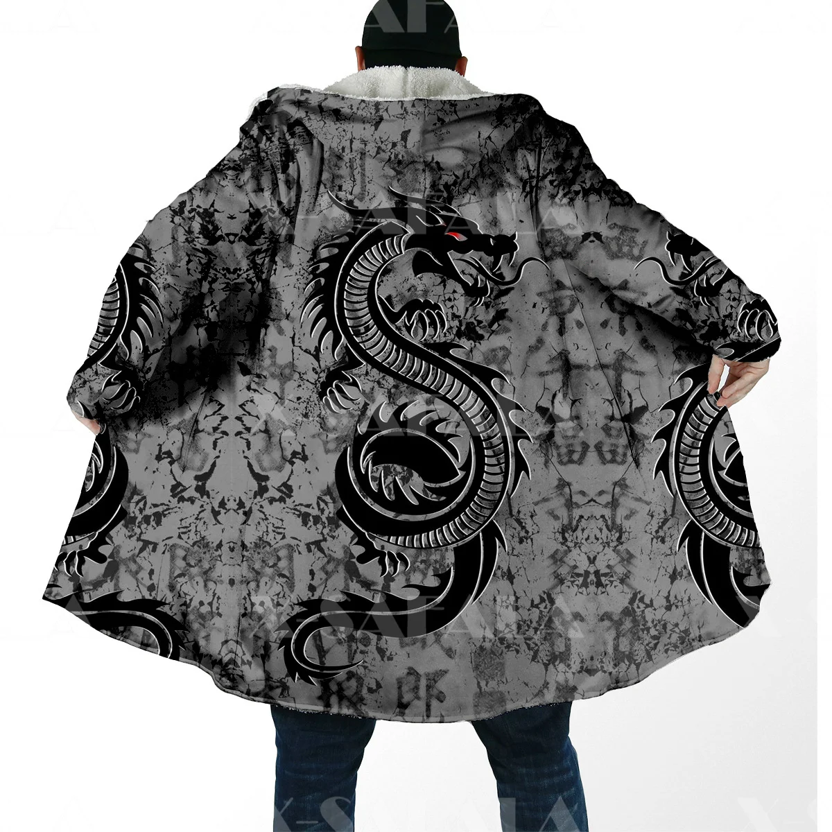 Thick Warm Hooded Cloak for Men Yin And Yang Dragon Wolf Overcoat Coat 3D Print Windproof Fleece Cape Robe Hooded Blanket-3