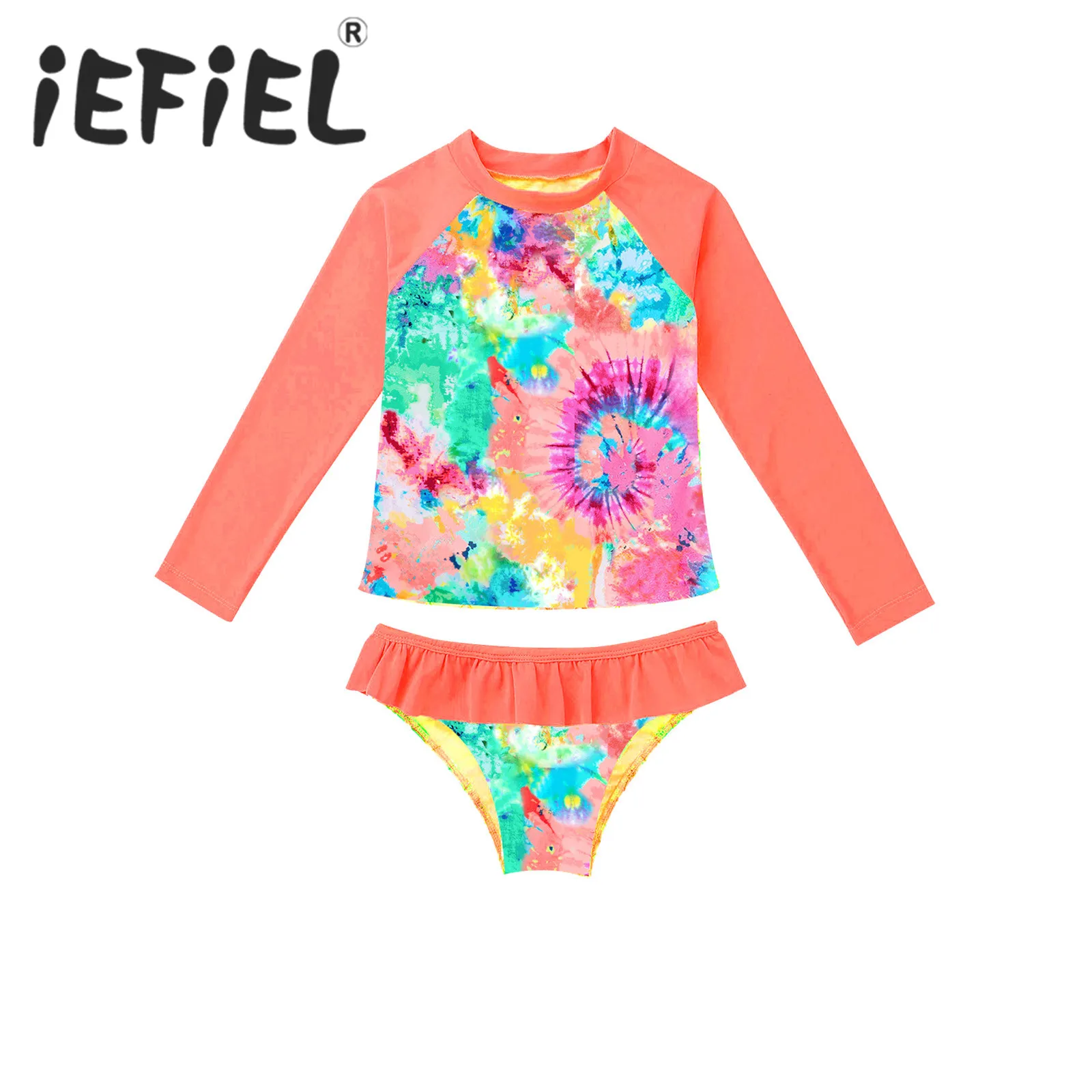 

Kids Girls Beachwear Outfits Long Sleeves Fish Scales Printed Rashguard Swimsuit Swimwear Bathing Suit Set Tops with Bottoms