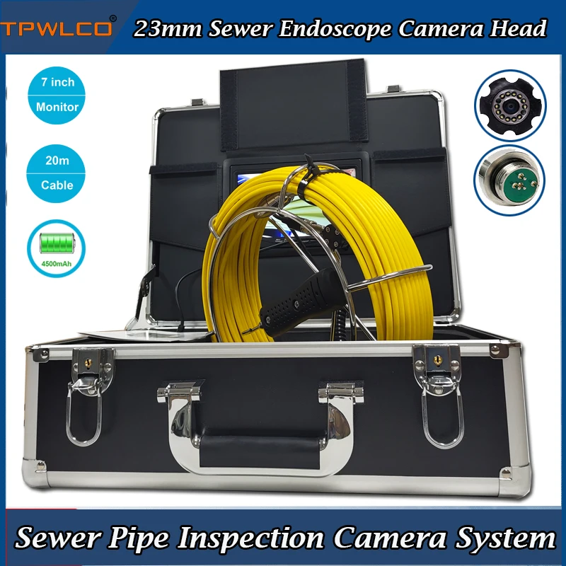 

23mm Industrial Camera 7inch Screen 20m Cabe Pipe Sewer Inspection Endoscope System With DVR Recorder 12V4500MA Lithium Battery