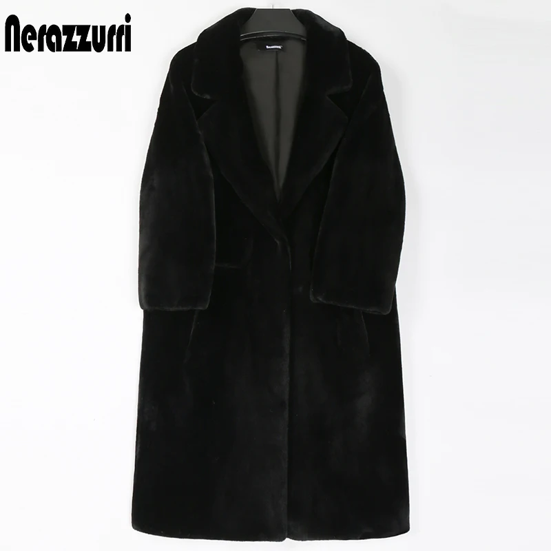 Nerazzurri-abrigo largo de piel sintética para mujer, chaqueta gruesa y esponjosa con solapa, holgada y elegante, color negro, moda coreana, invierno, 2022