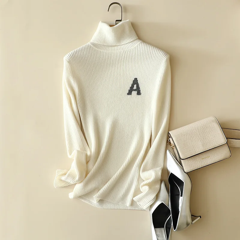 Masigoch winter new ribbed knit 100% cashmere letter embroidery knitwear sweater turtleneck