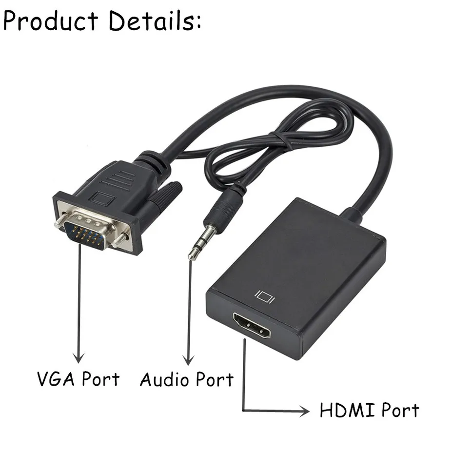 BGGQGG 1080P HD Vga To Hdmi with 3.5mm Audio Cable Vga To Hdmi Adapter for PCProjector Ps4 Laptop To HDTV  Video Audio Converter