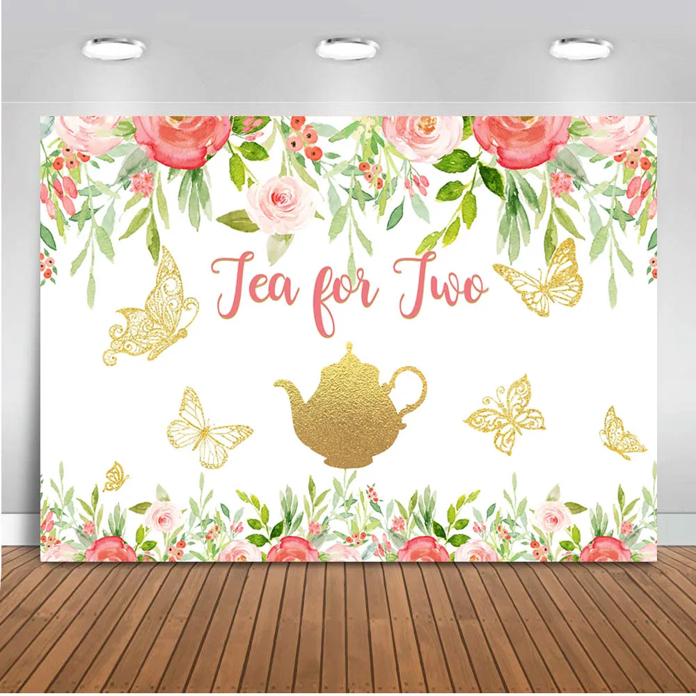 

Mocsicka Tea for Two Birthday Backdrop Floral Tea Party Photo Background Spring Butterfly Flowers Two Birthday Party Decorations