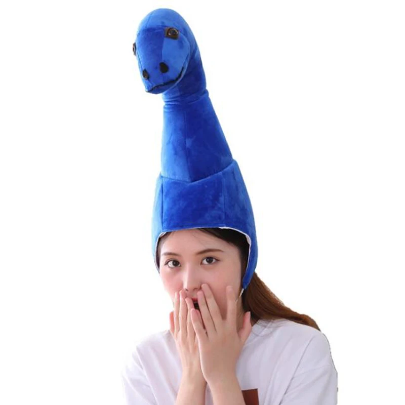 

Blue long-necked dinosaur head hood hat plush hat toy birthday stuffed cap gift