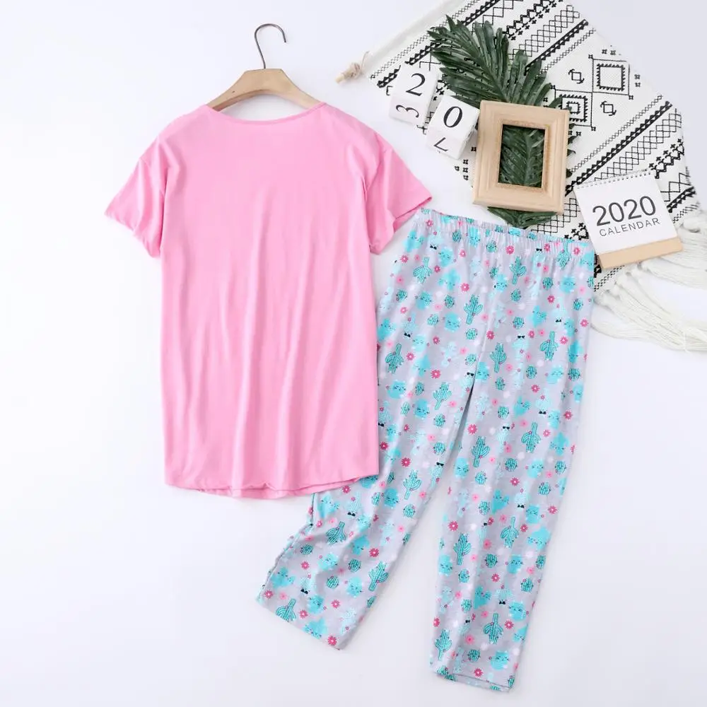 Conjunto de pijama informal de dibujos animados para mujer, ropa de dormir de algodón, traje de cuello redondo, hasta la pantorrilla camiseta y pantalones, verano 2024