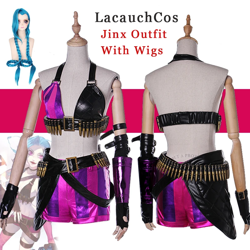 

14 шт., Костюмы для косплея Jinx униформа наряды и парик игра LOL Loli Джинкс искусственная кожа полный комплект волшебная девушка сексуальные женщины с аксессуарами Сглазить костюм на Хэллоуин
