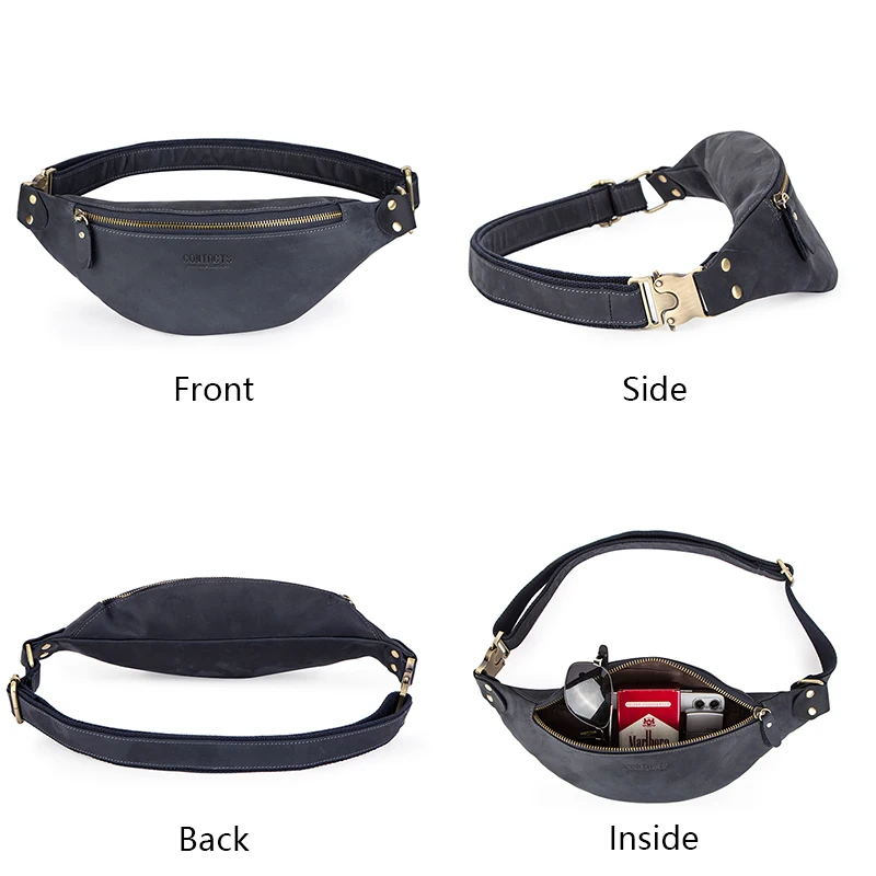 CONTACT\'S 100% Crazy Horse Leather Waist Packs Travel Fanny Pack For Men Leather Waist Bag Male Belt Bag Multifunction Chest Bag