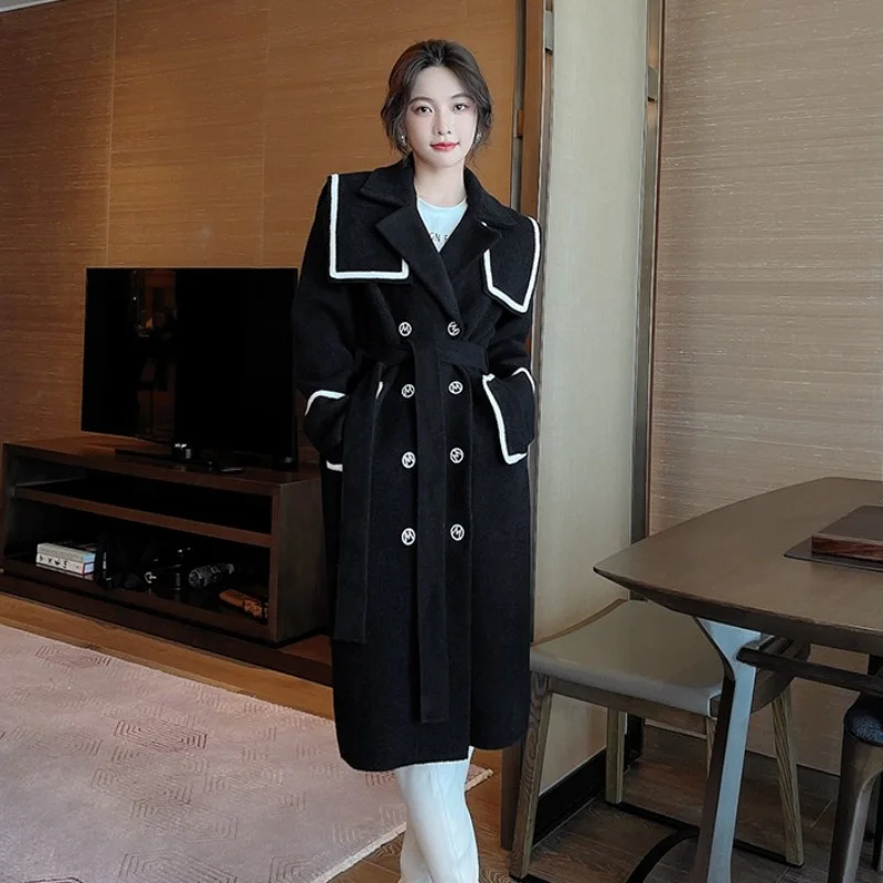 

Street High Navy Collar Double Breasted Overcoat Winter Loose Fit Women Wool Coat Fashion Medium Long Black Woolen Blends Jacket