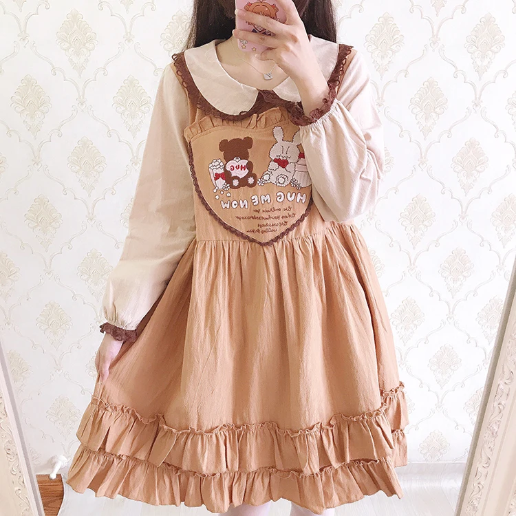 Japanischen vintage weiche mädchen mädchen cartoon bär stickerei puppe kragen lose lange hülse kleid hohe taille viktorianischen kleid kawaii